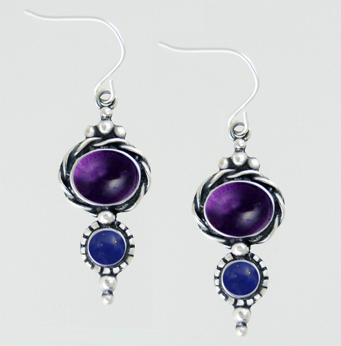 Sterling Silver Amethyst And Lapis Lazuli Gemstone Drop Dangle Earrings Sterling Silver Amethyst And Lapis Lazuli Gemstone Drop Dangle Earrings